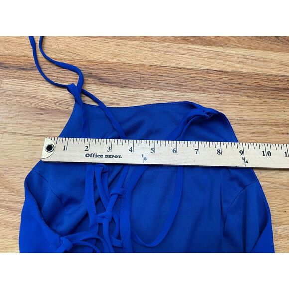 Lulus Good Deeds Women's Dress Fit & Flare Skater Mini Lace-Up Apron Neck S Blue - Picture 3 of 10